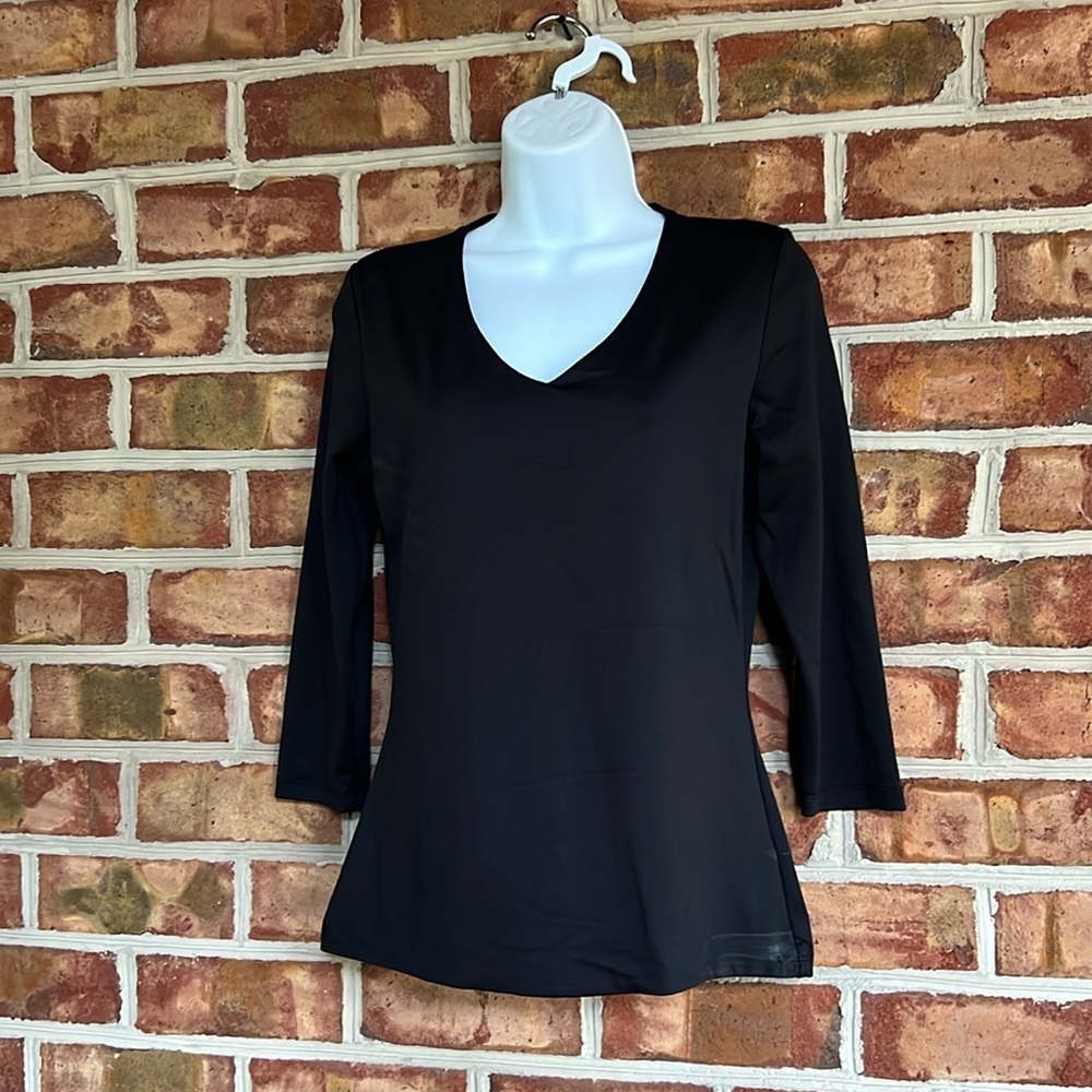 Judy P Elegant stretch Black V-Neck Women's Blouse top 3/4 sleeves Small